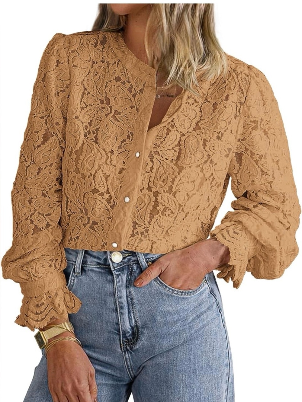 Lace Button-Front Crop Top in Tan